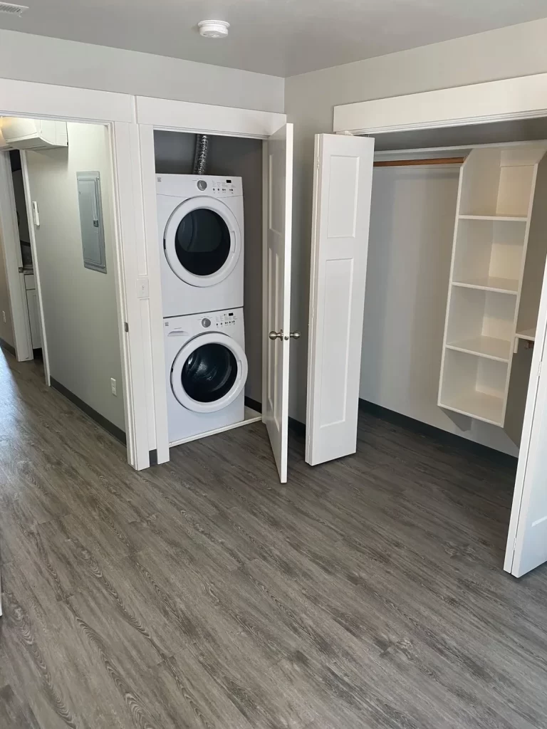 Teton Flats apartments washer dryer, located in bedroom